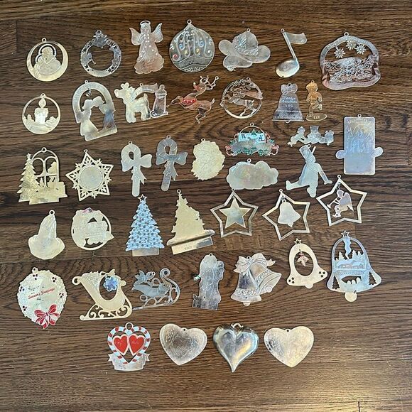 Lot of 42 vintage gold brass engraved Christmas tree ornaments